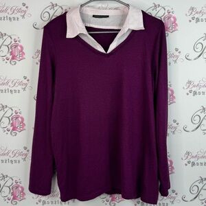 Classic Editions Purple V-Neck Sweater White Collar preppy knit long sleeve